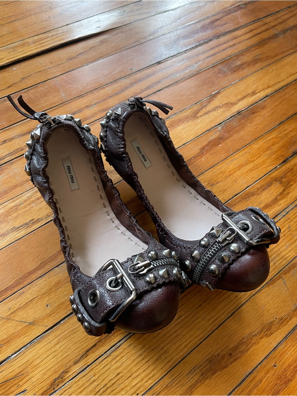 Miu Miu Studded Leather Buckle Ballet Flats